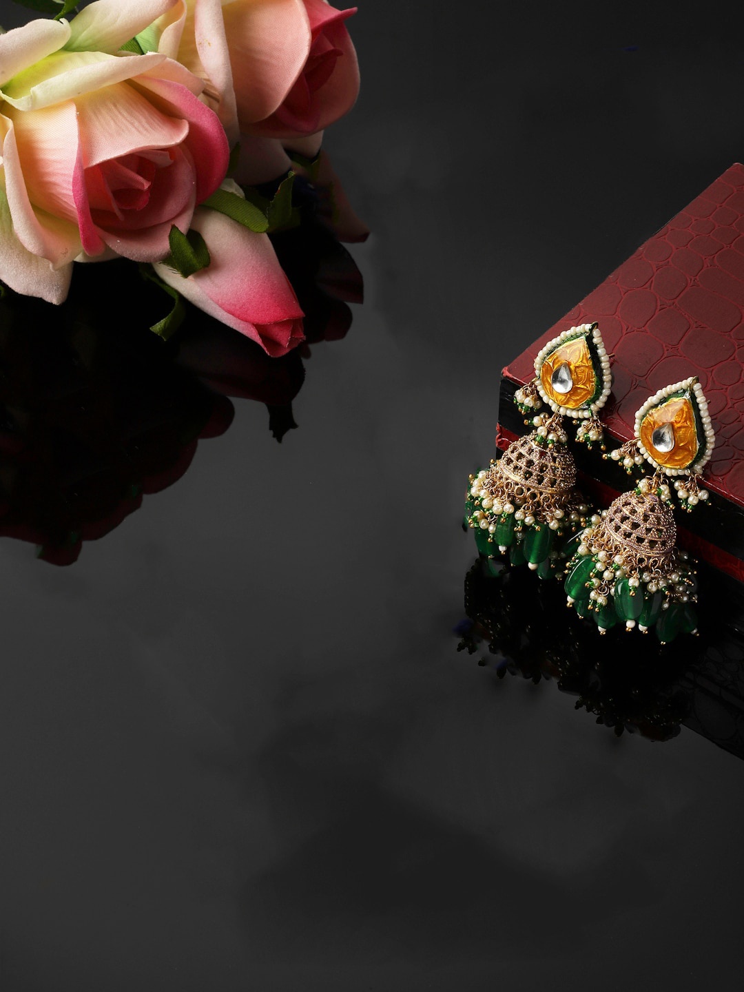 

DUGRISTYLE Gold-Plated Kundan Studded & Beaded Jhumkas, Yellow