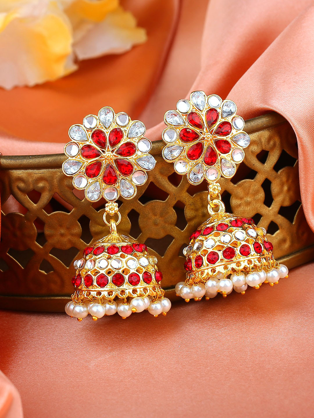 

Estele Gold Plated Crystals Studded Floral Jhumkas