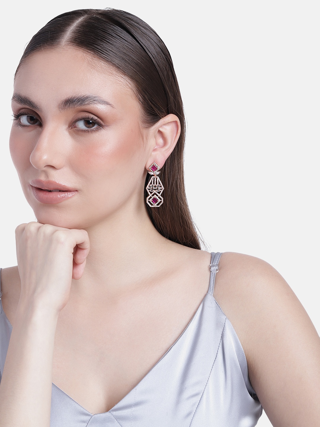 

Estele Rose Gold Plated Geometric Drop Earrings, Pink