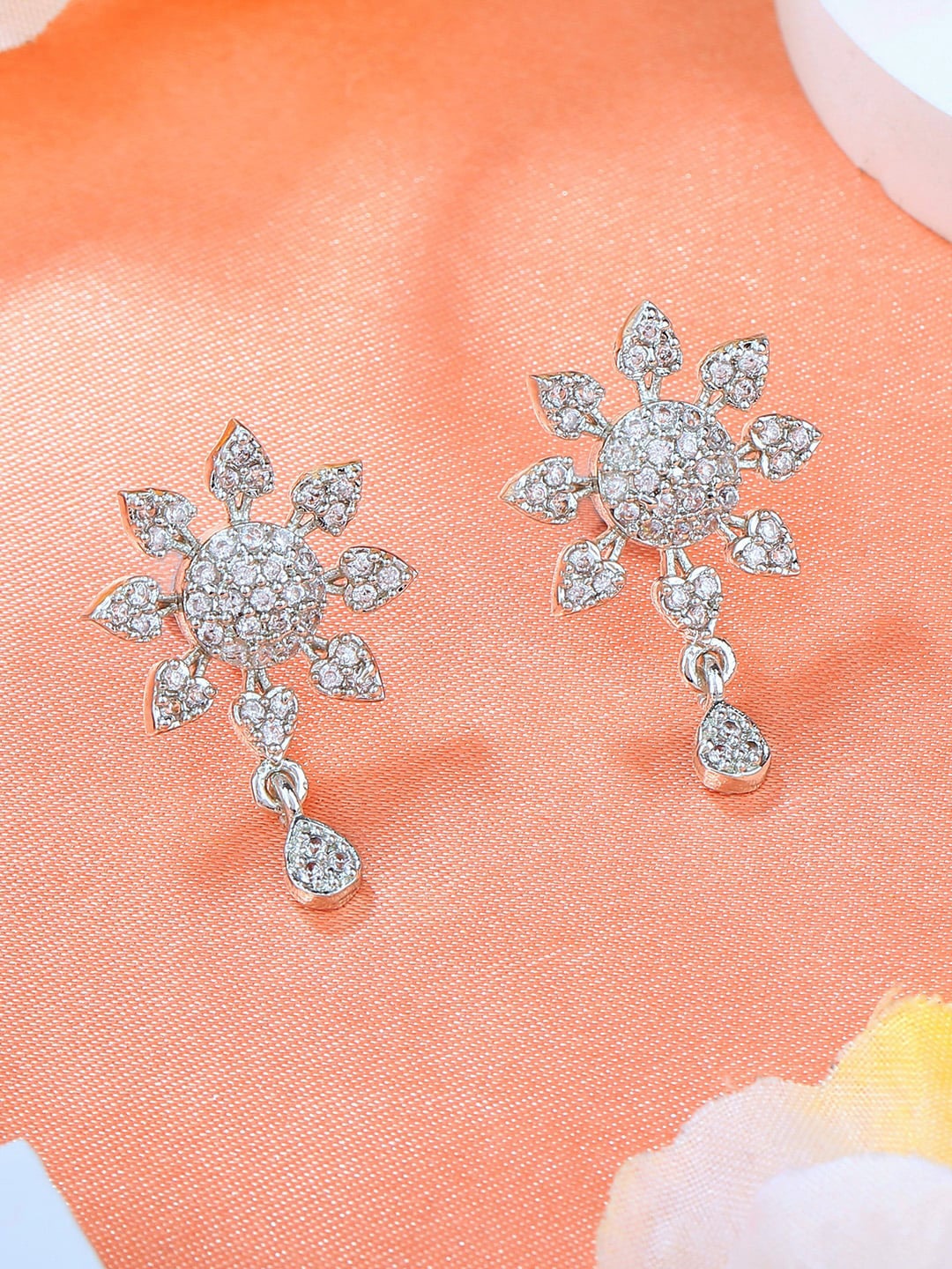 

Estele Rhodium Plated Cubic Zirconia Studded Floral Drop Earrings, Silver