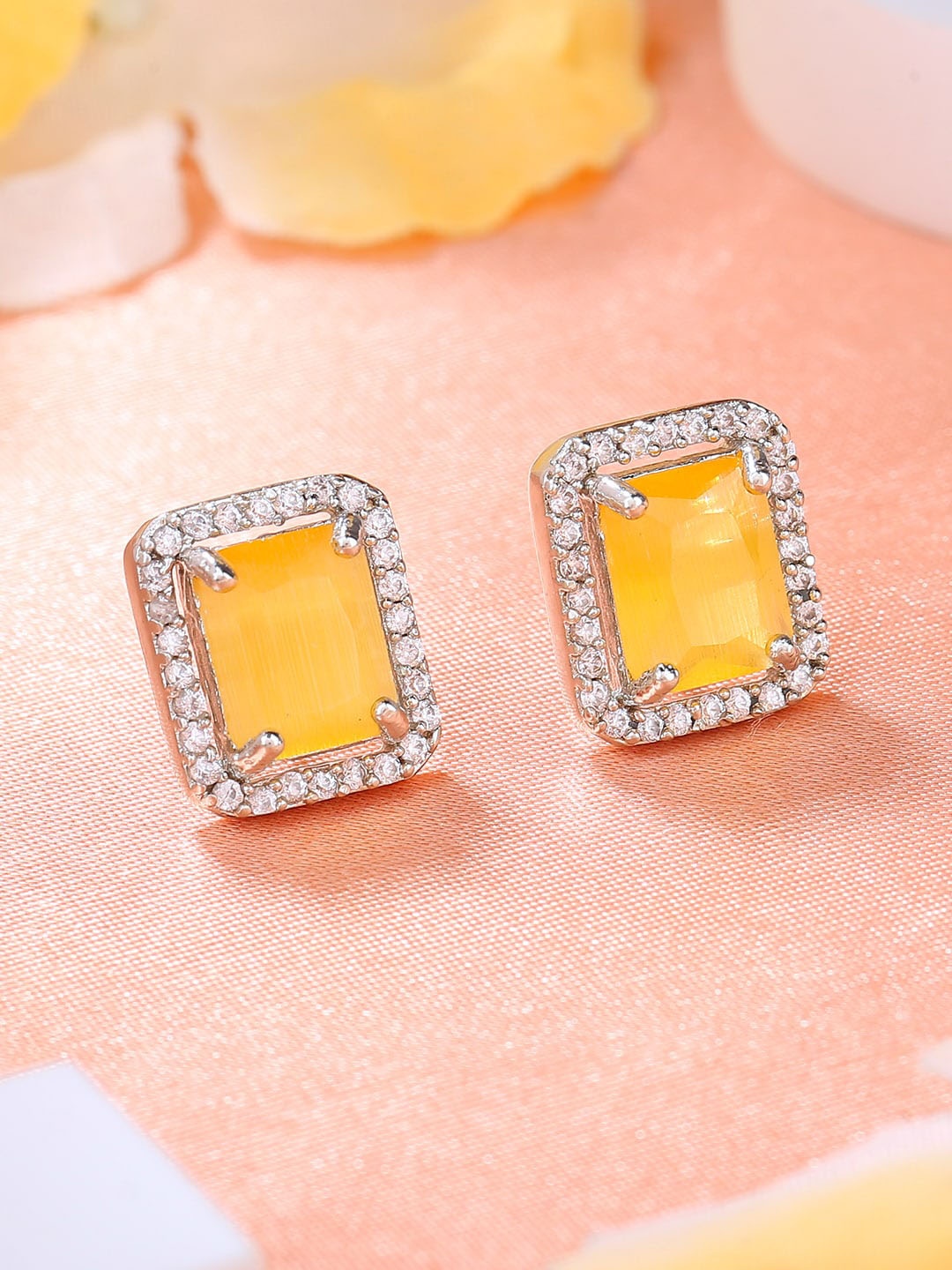 

Estele Rhodhium Plated Square Studs Earrings, Yellow