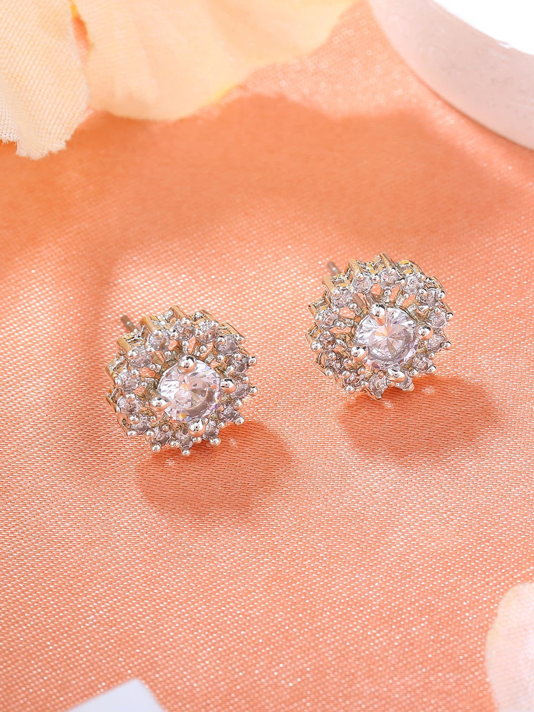 

Estele Rhodium Plated Cubic Zirconia Studded Floral Stud Earrings, Silver