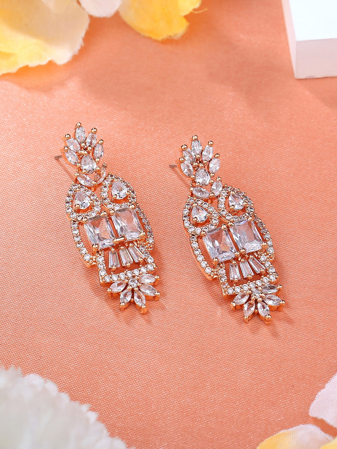 

Estele Rose Gold Plated Cubic Zirconia Studded Drop Earrings