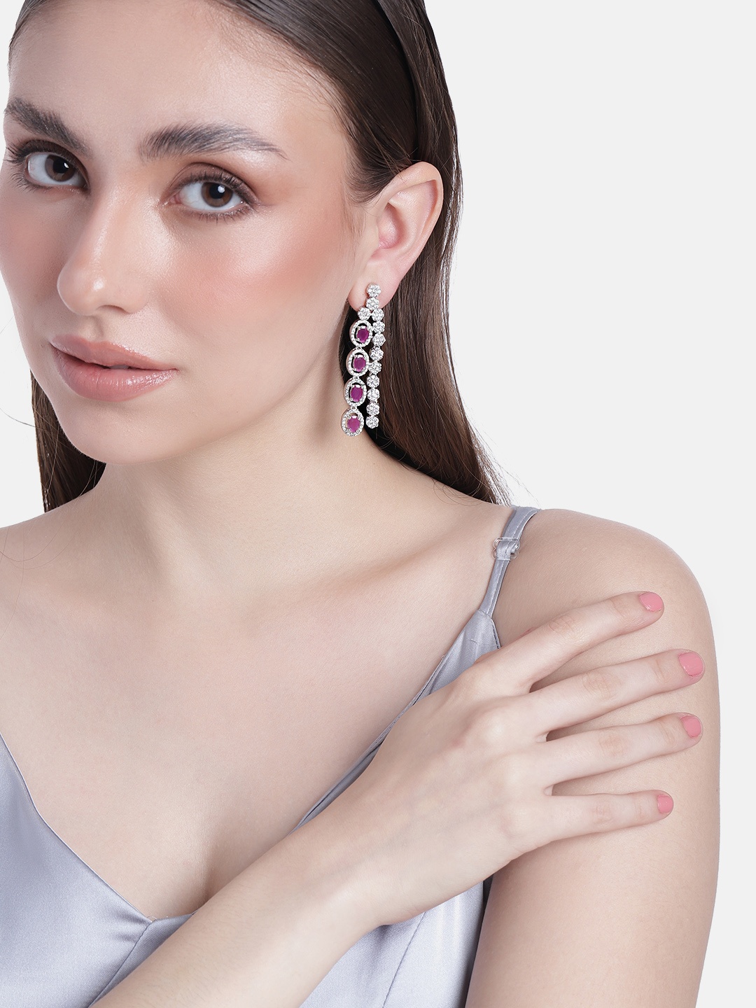 

Estele Rhodium-Plated CZ-Studded Oval Drop Earrings, Silver