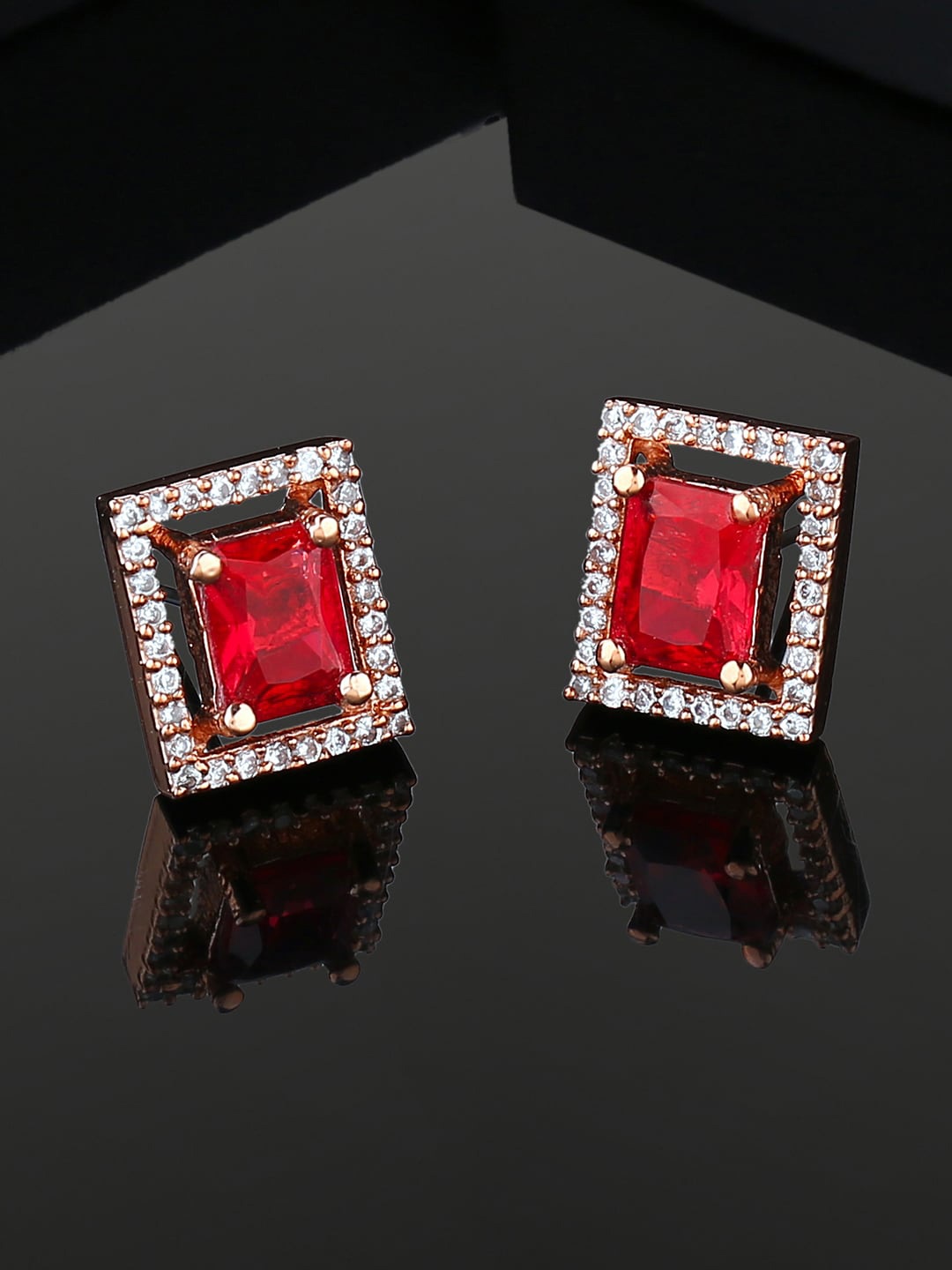 

Estele Rose Gold Plated Cubic Zirconia Studded Square Studs Earrings, Red