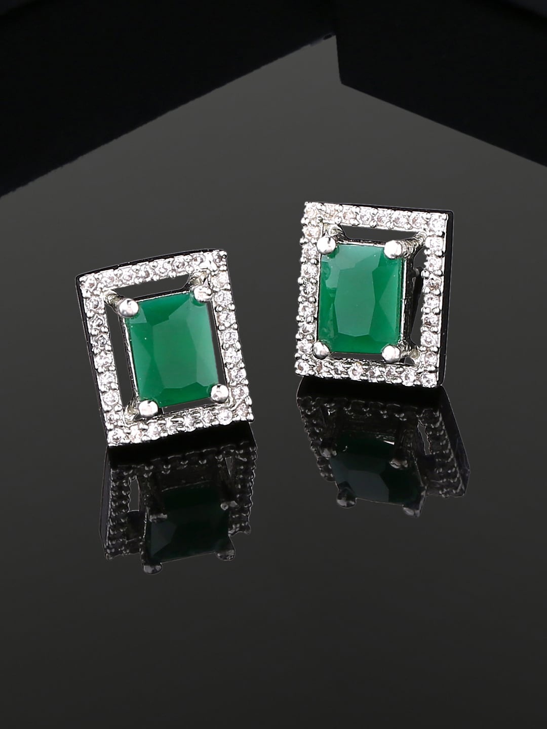 

Estele Rhodium-Plated Cubic Zirconia Studded Square Studs Earrings, Green