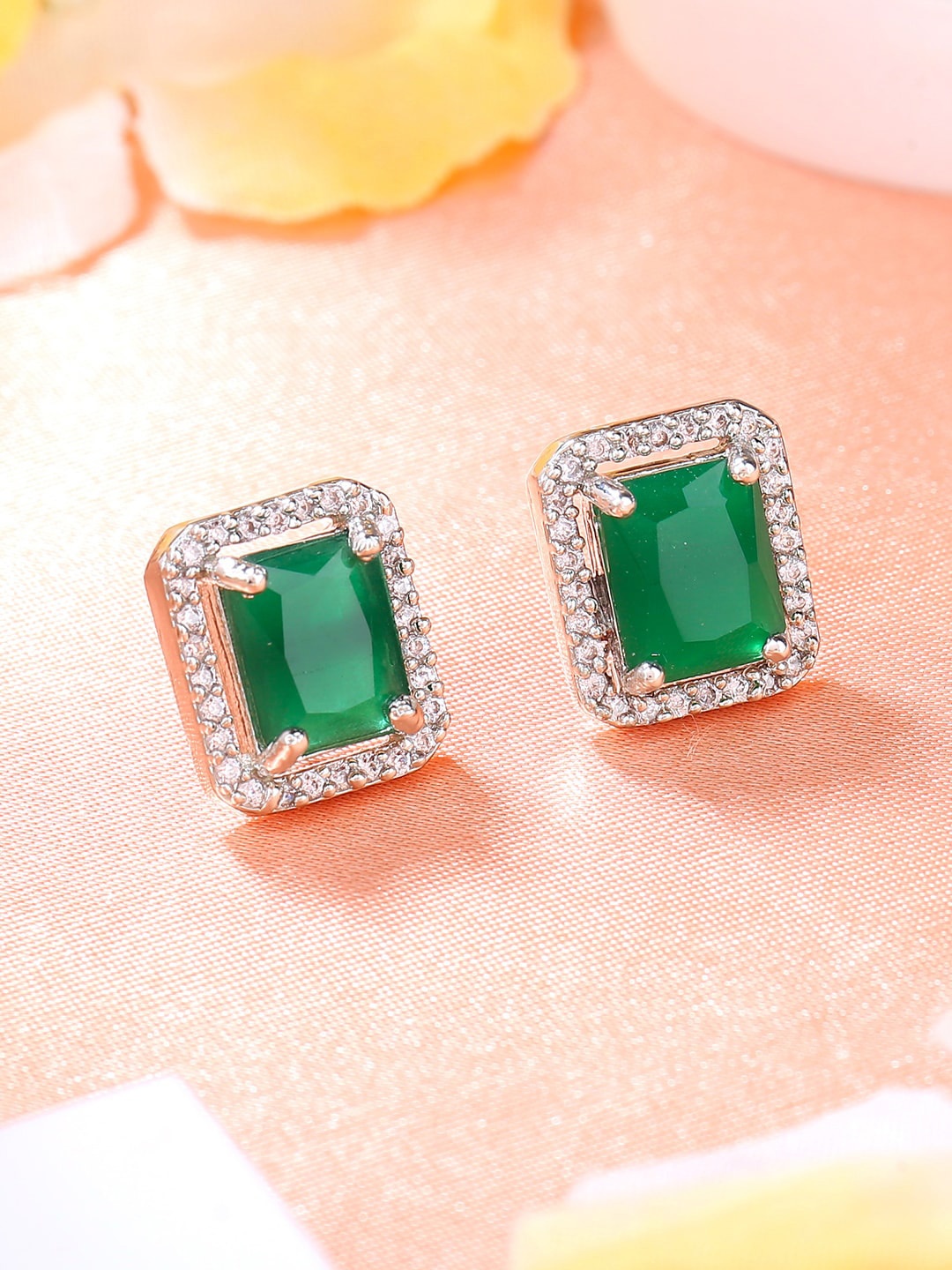 

Estele Rhodium-Plated Cubic Zirconia Studded Square Studs Earrings, Green