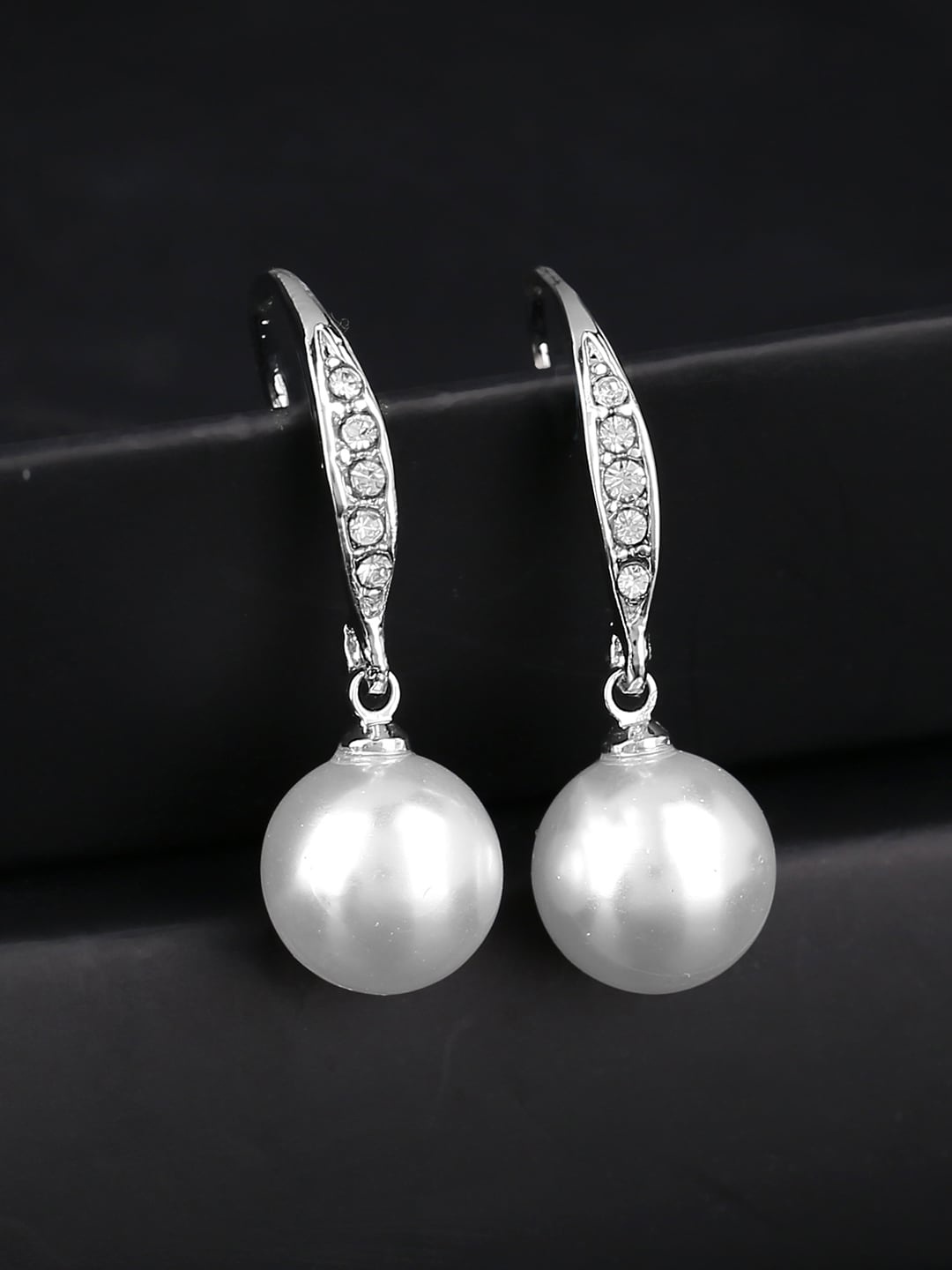 

Estele Rhodium-Plated Stone Studded Drop Earrings, White