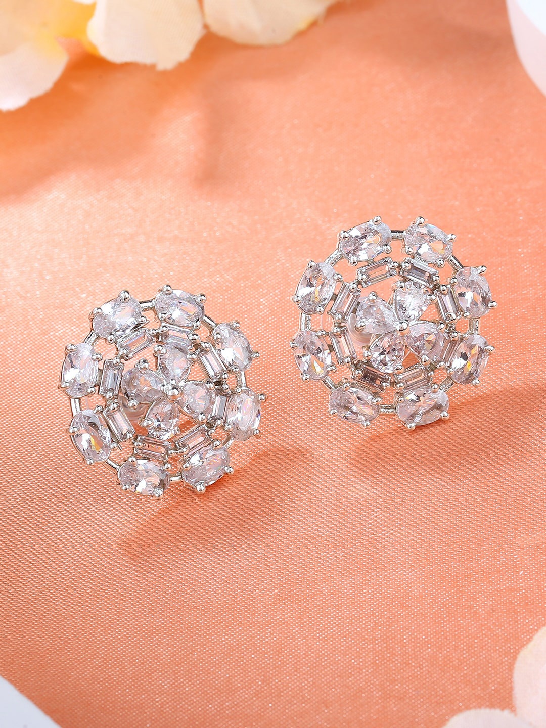

Estele Rhodium Plated Cubic Zirconia Studded Floral Stud Earrings, Silver