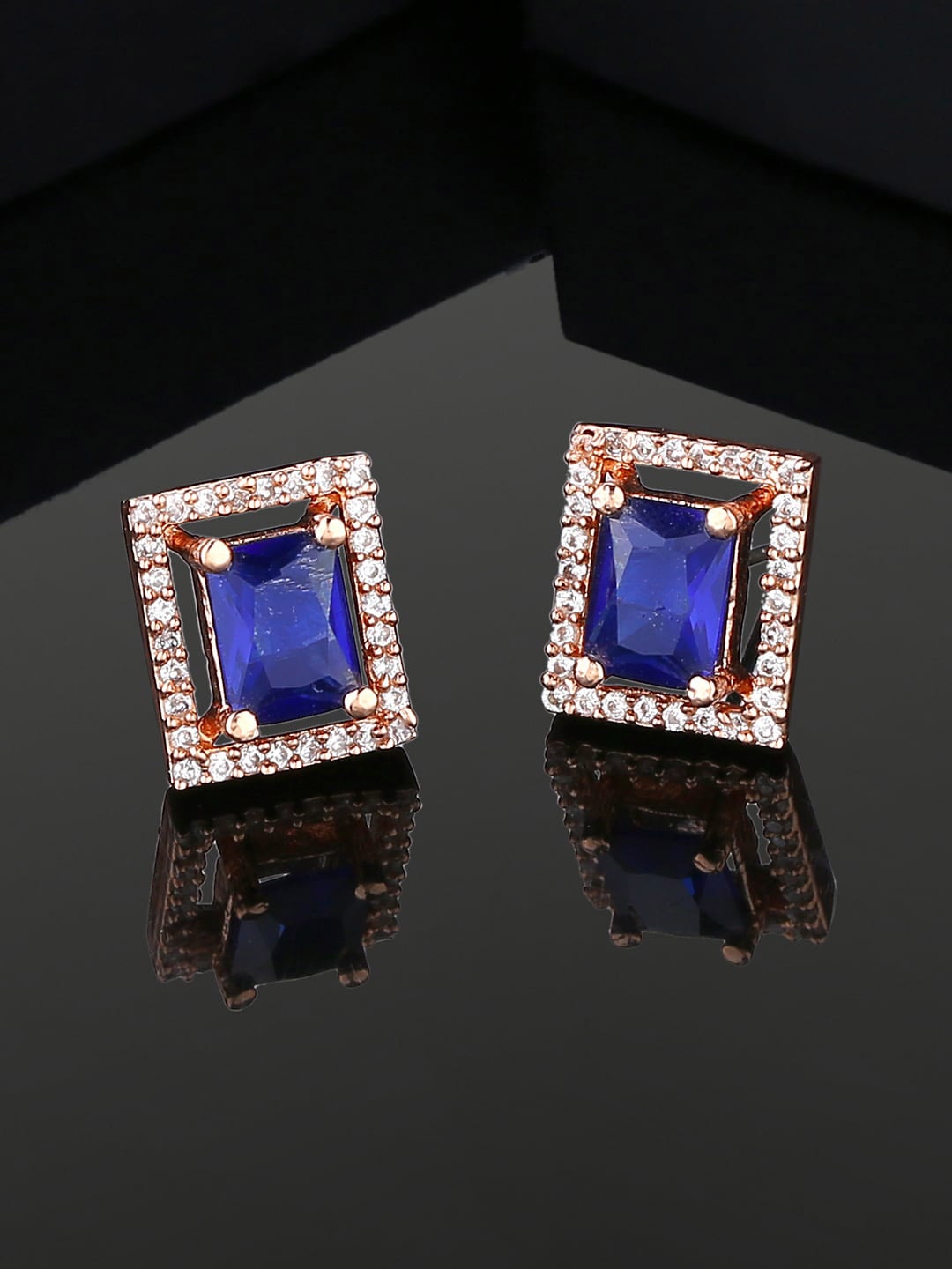 

Estele Rose Gold Plated Cubic Zirconia Studded Square Studs Earrings, Navy blue