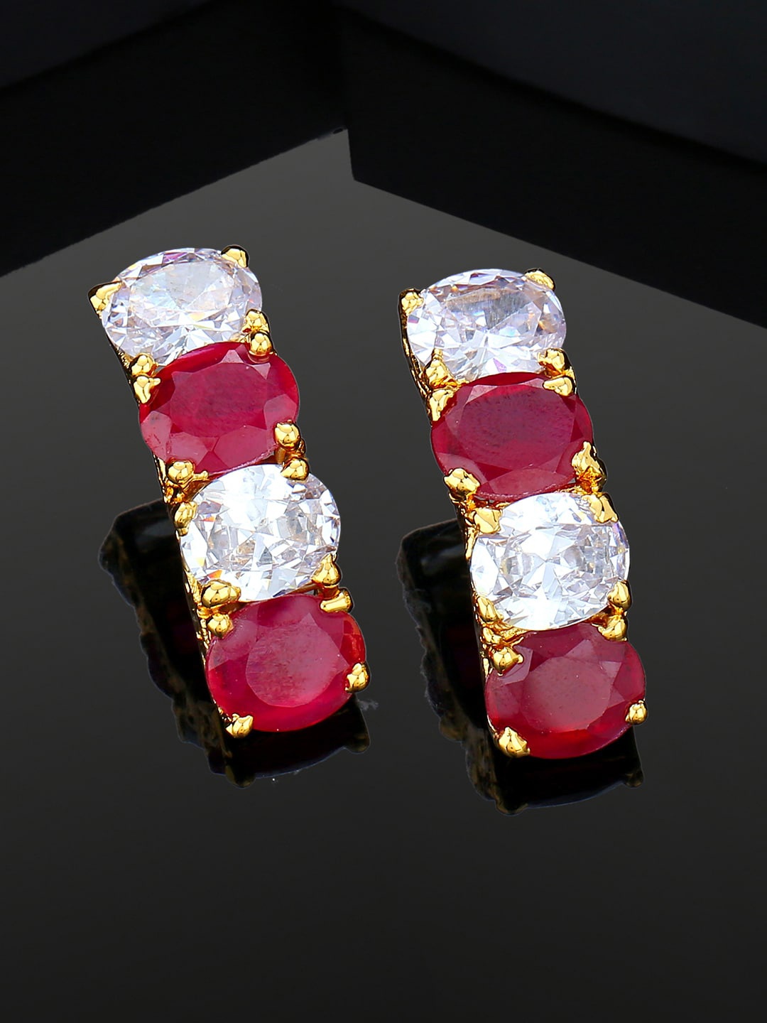 

Estele Gold-Plated Cubic Zirconia Studded Geometric Shaped Drop Earrings, Red