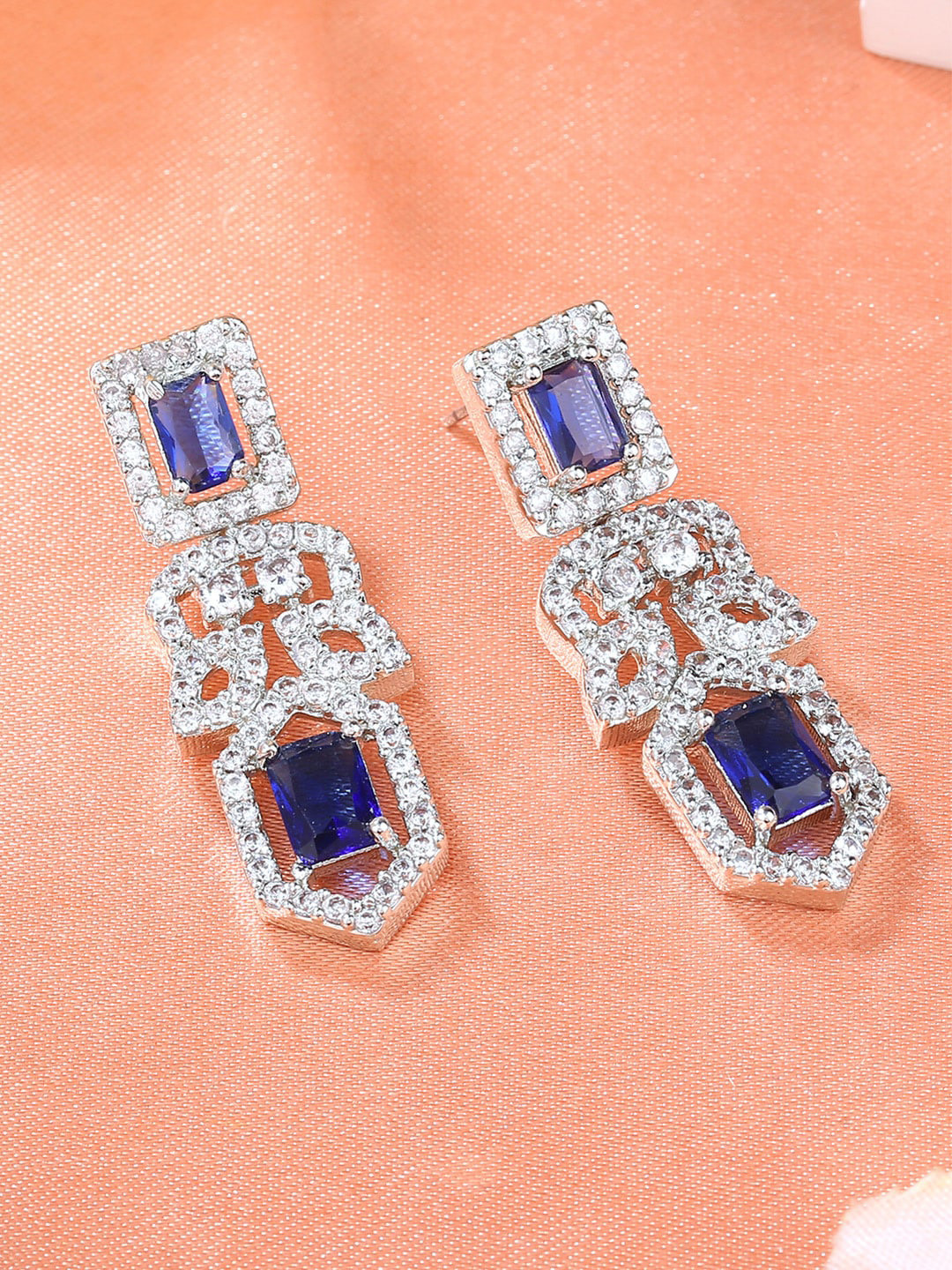 

Estele Rhodium-Plated Cubic Zirconia Studded Geometric Drop Earrings, Blue
