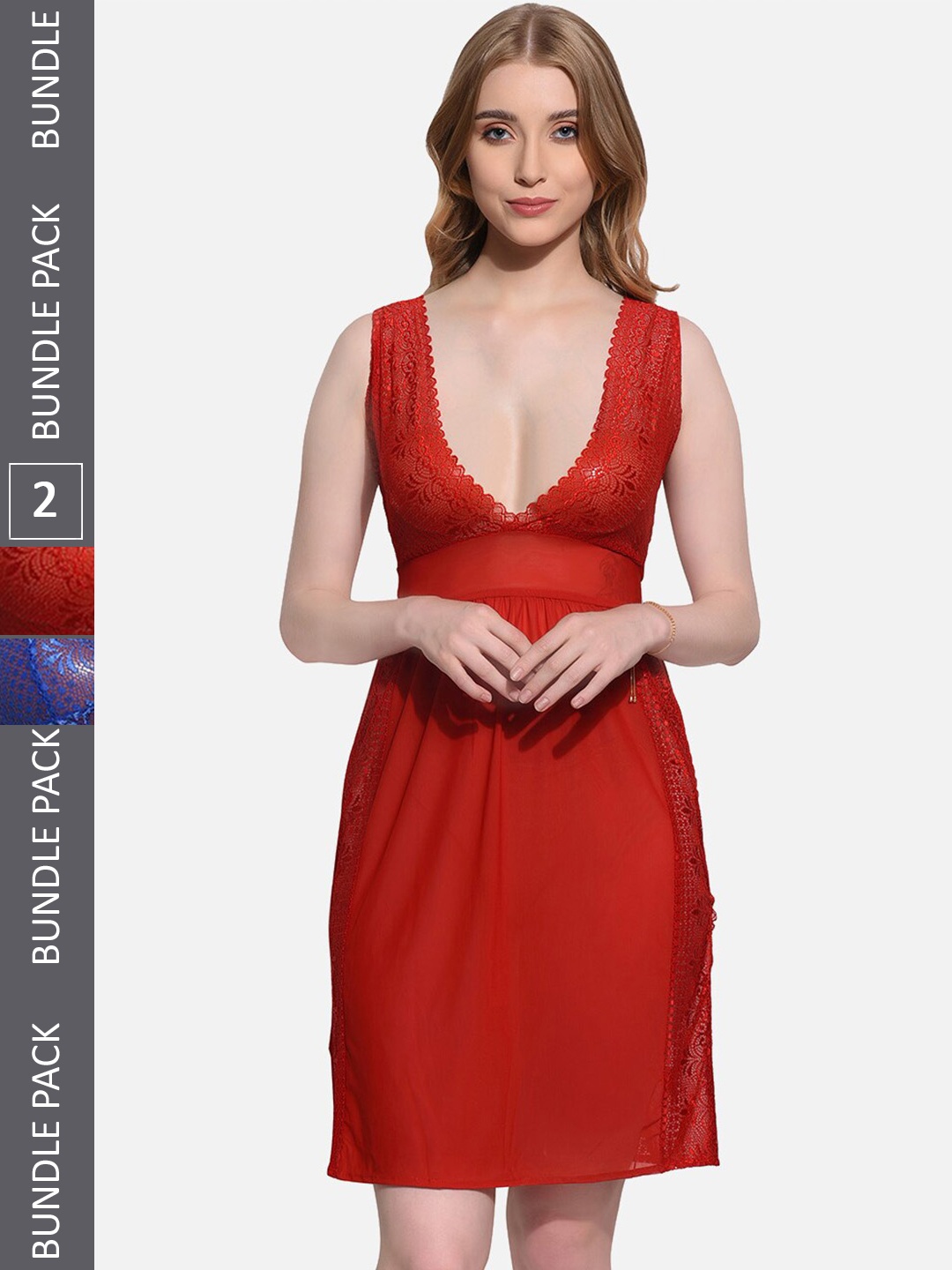 

FIMS Pack Of 2 Self Design V-Neck Net Baby Doll, Red