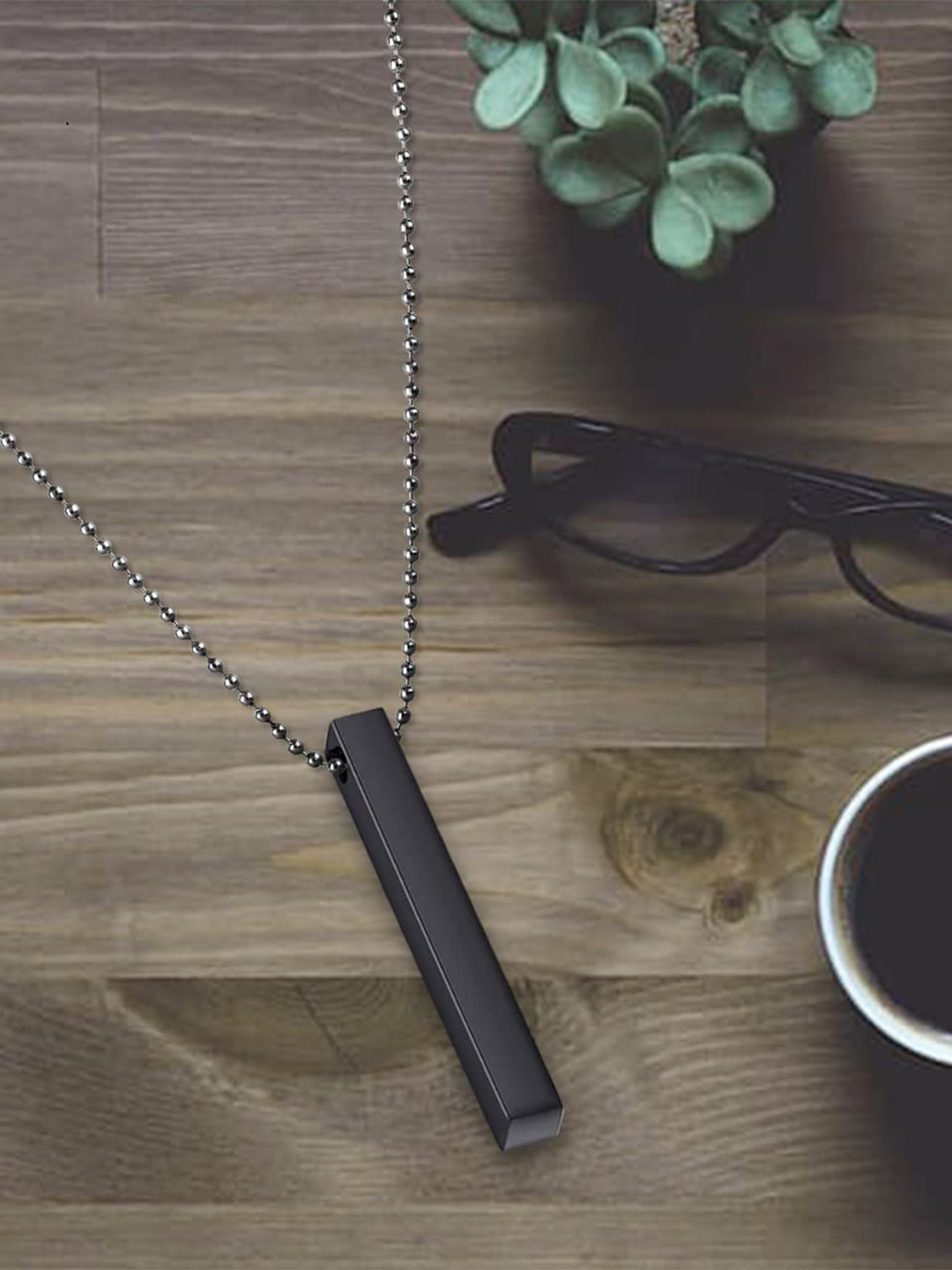 

AkashKrishna Men Rhodium-Plated Vertical Bar Pendant With Chain, Black