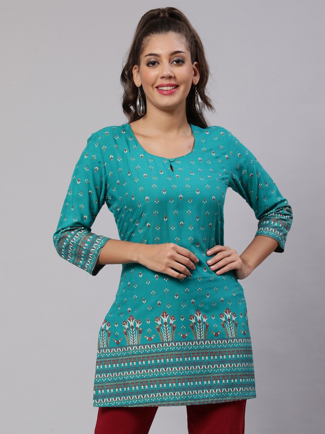 

AKIMIA Ethnic Motifs Printed U-Neck Kurti, Teal