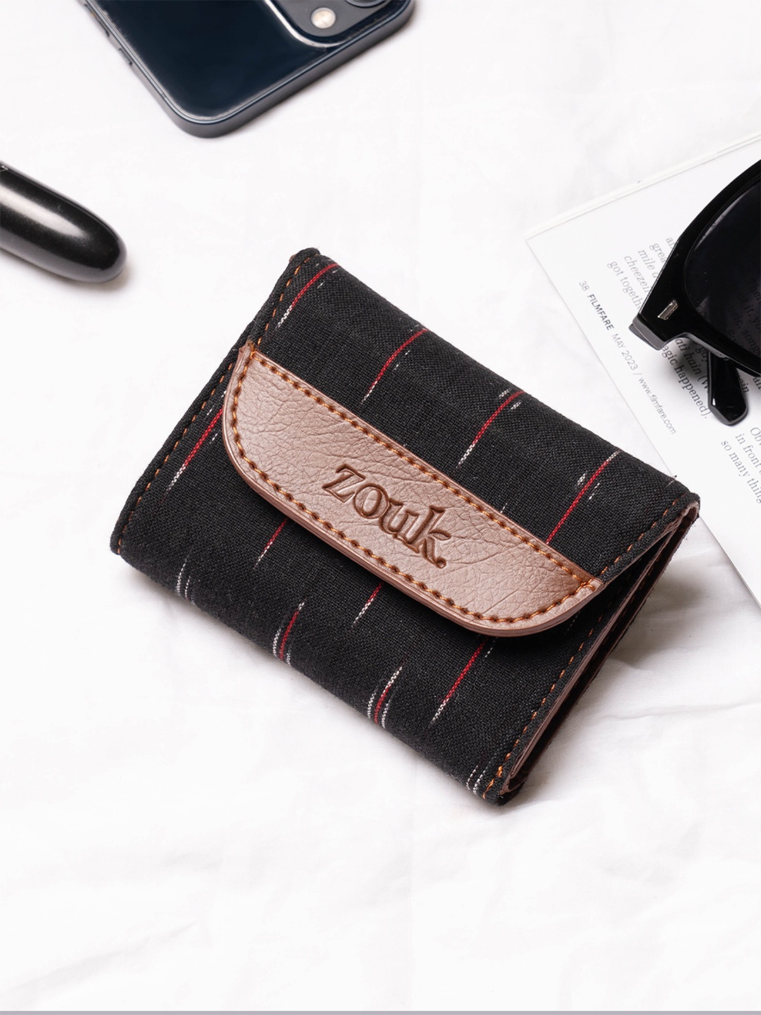 

ZOUK Women Self Design Fabric Three Fold Wallet, Black