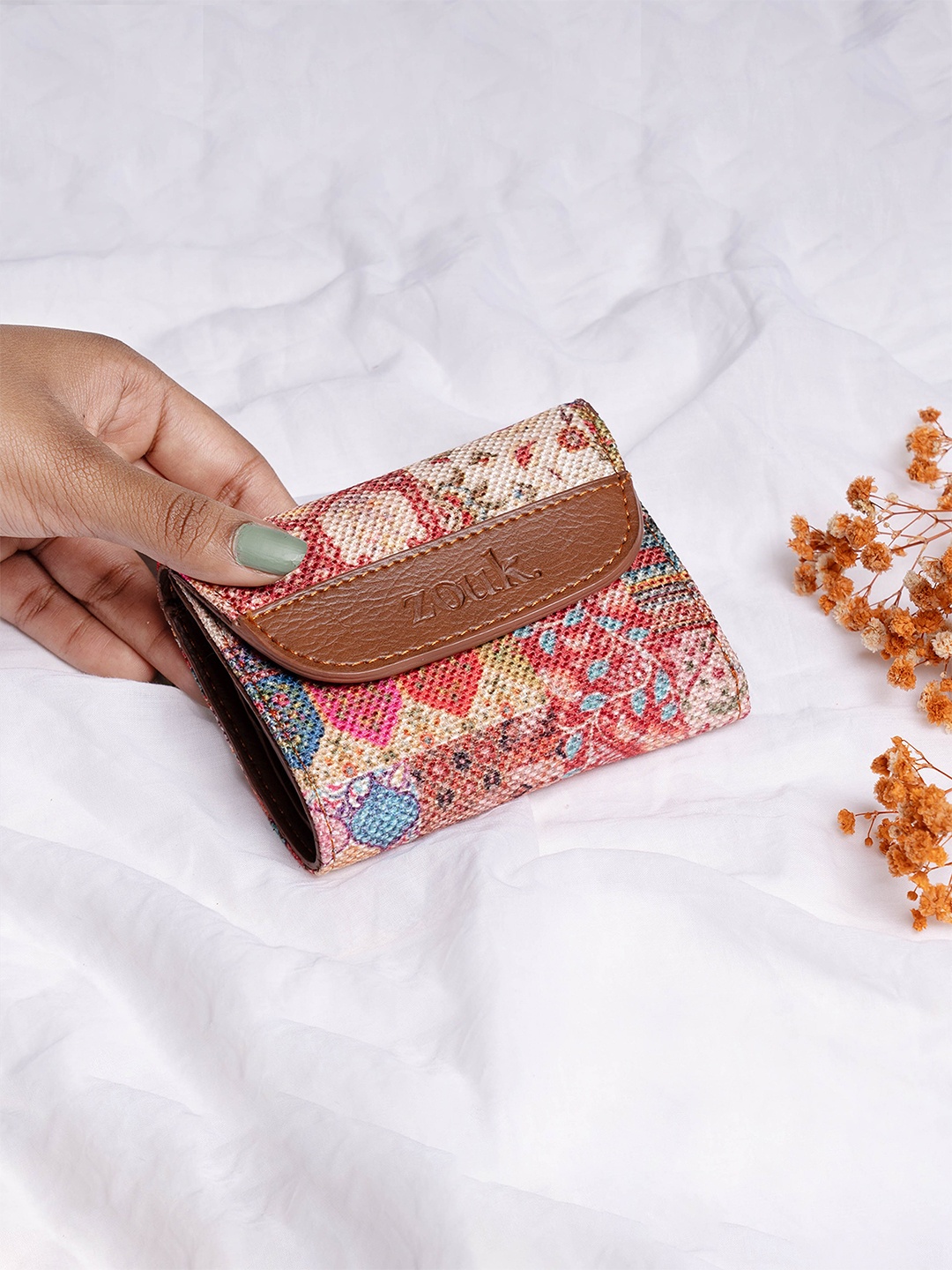 

ZOUK Women Ethnic Motifs Printed Fabric Three Fold Wallet, Pink