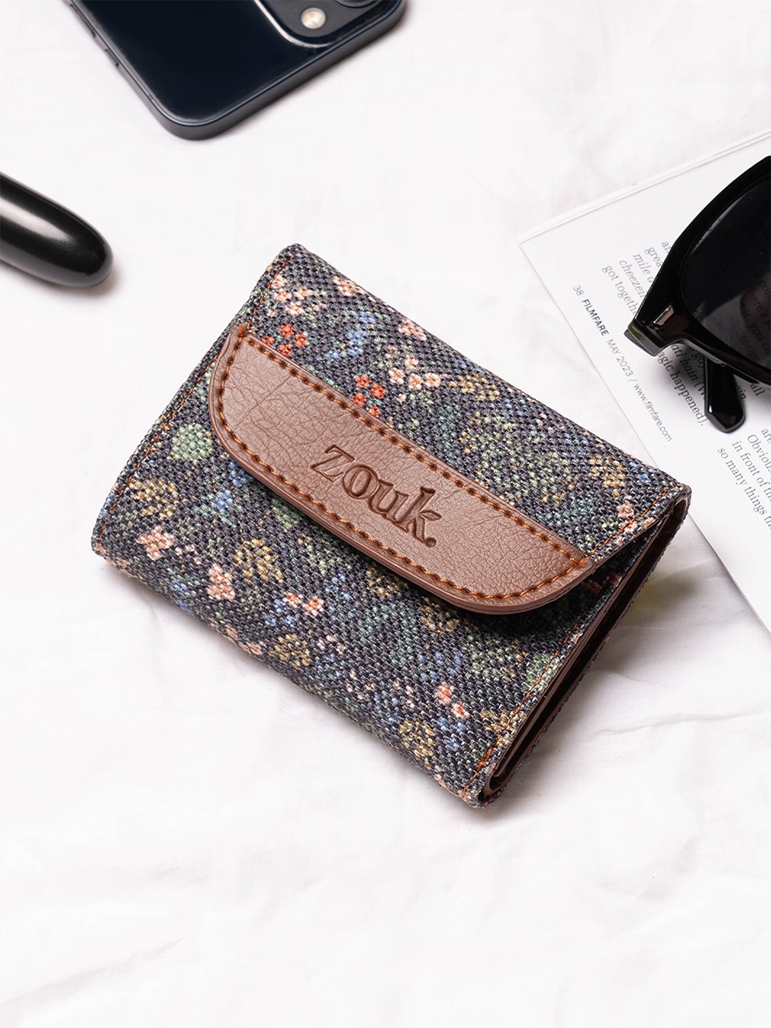 

ZOUK Women Floral Printed Fabric Three Fold Wallet, Blue