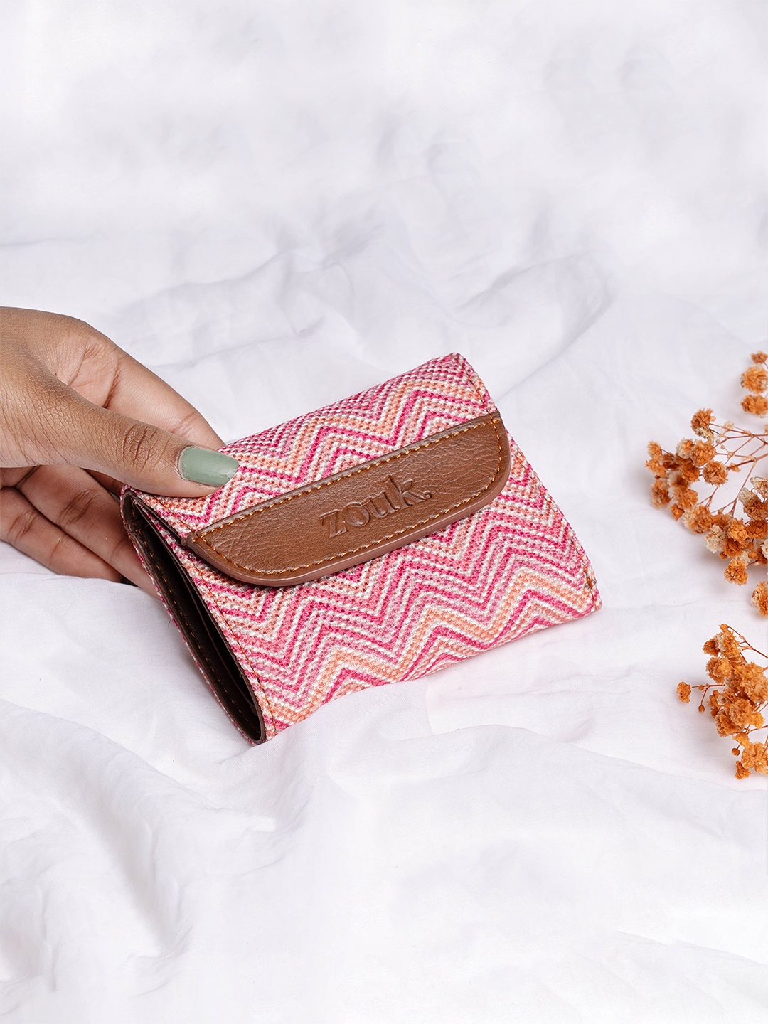 

ZOUK Women Geometric Printed Fabric Three Fold Wallet, Pink