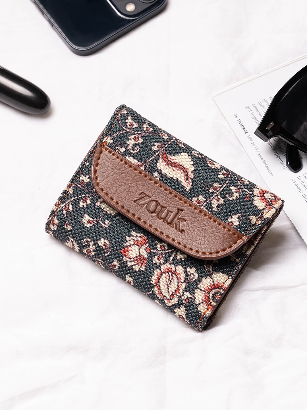 

ZOUK Women Floral Printed Fabric Three Fold Wallet, Blue