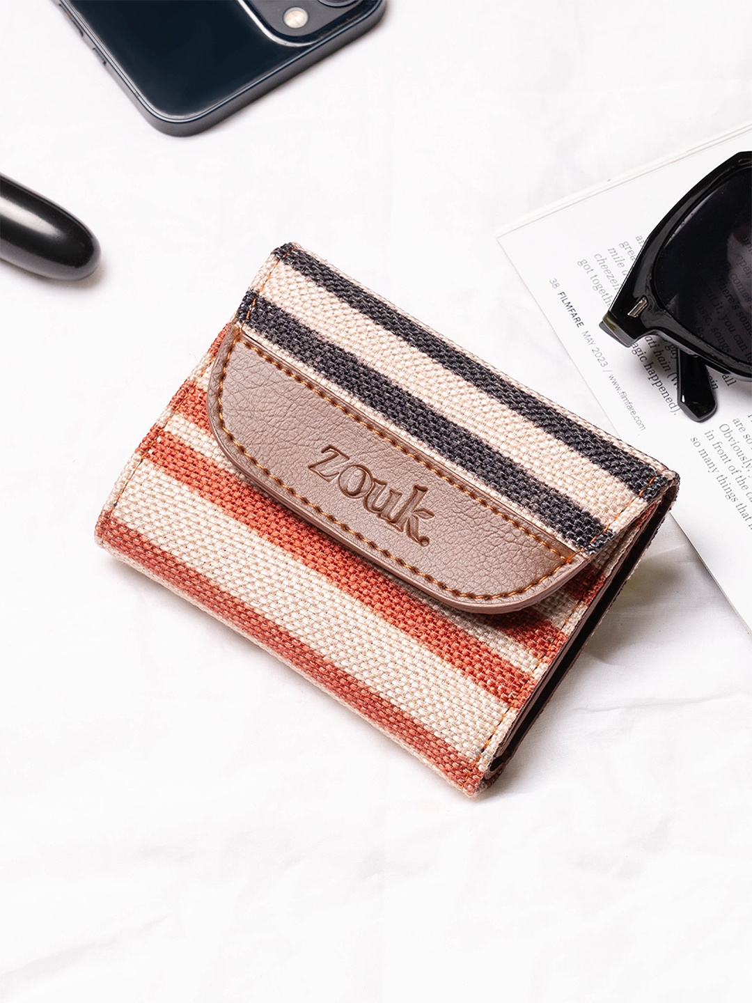 

ZOUK Women Striped Fabric Three Fold Wallet, Beige