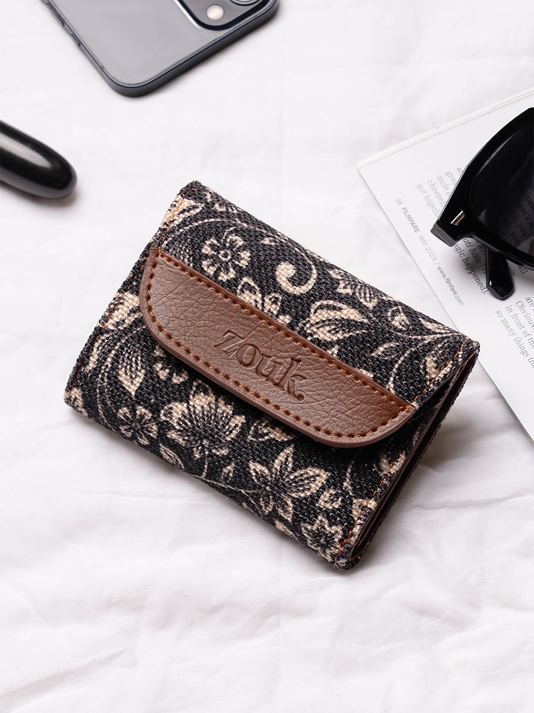 

ZOUK Women Floral Printed Fabric Three Fold Wallet, Black