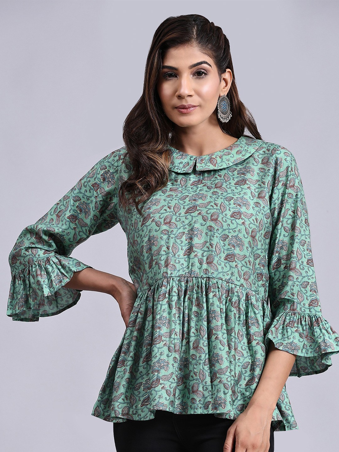 

KALINI Floral Printed Peterpan Collar Bell Sleeves Cotton Tunic, Green