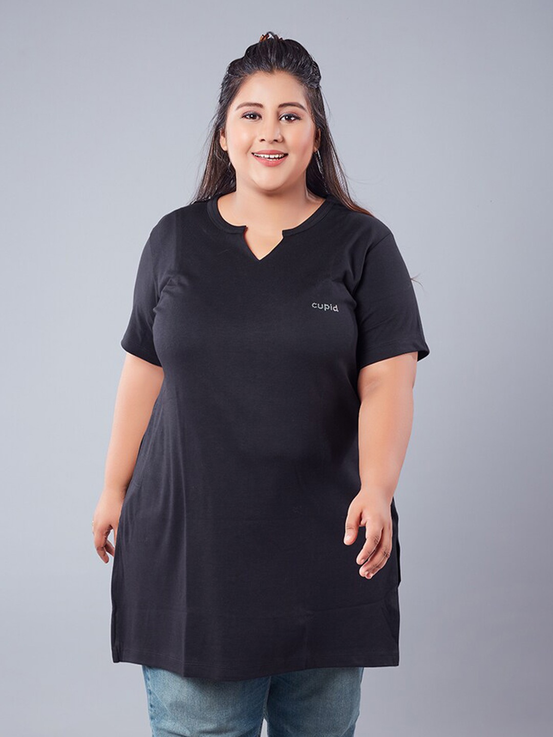 

CUPID Plus Size Plain Cotton Long Top, Black