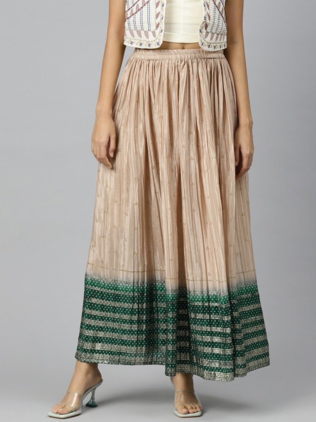 

KALINI Geometric Printed Pleated Maxi Flared Skirt, Beige
