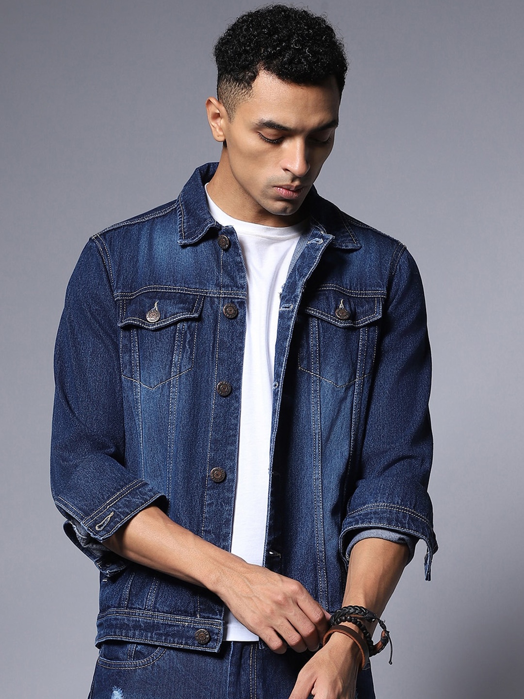 

High Star Washed Spread Collar Cotton Denim Jacket, Blue