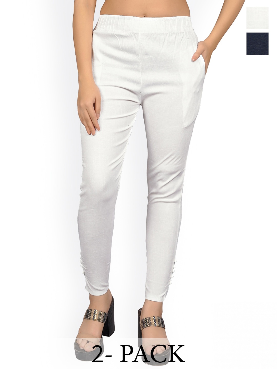 

MYSHA Women Pack of 2 Comfort Straight Fit Easy Wash Cigarette Trousers, White