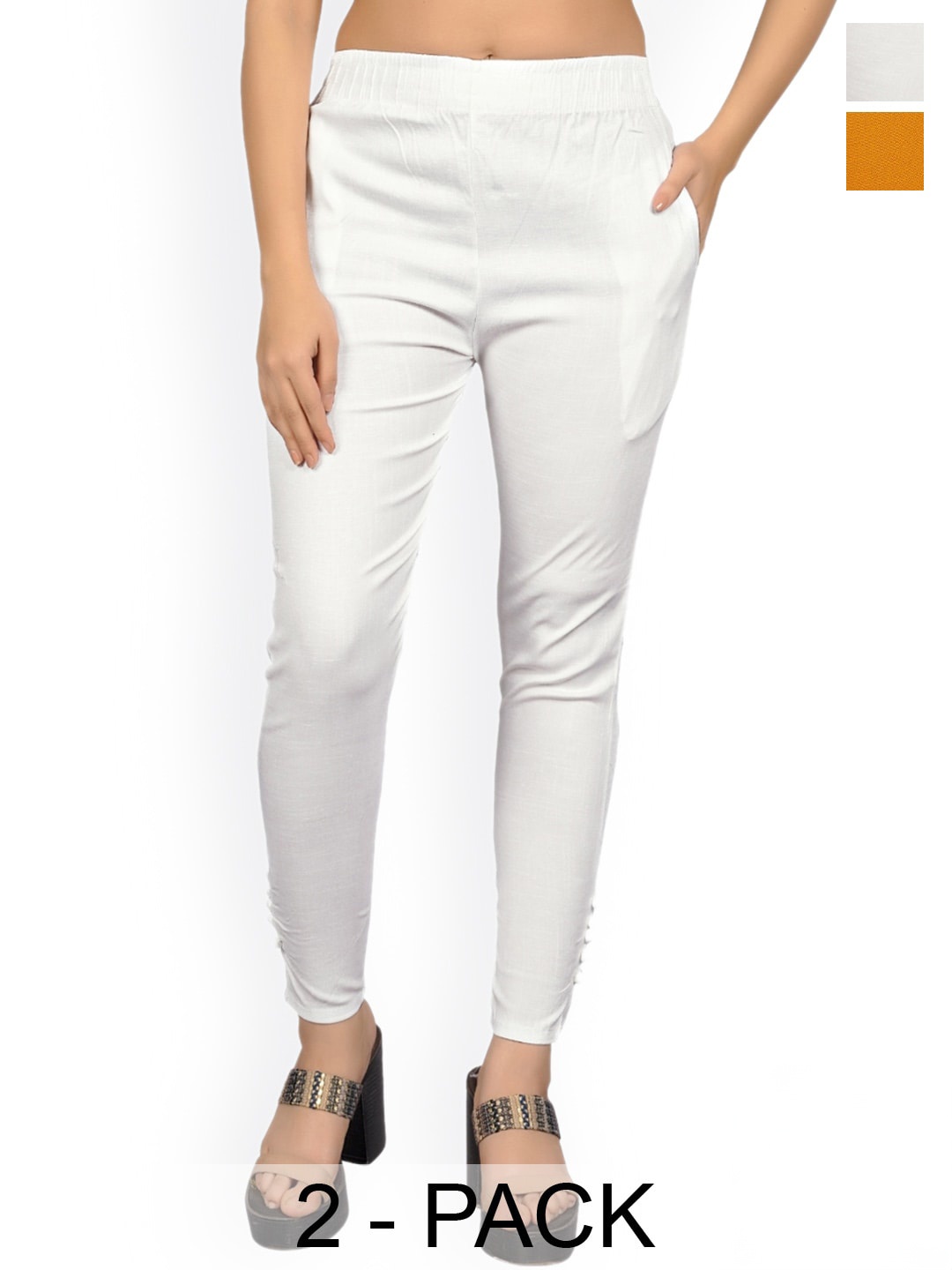 

MYSHA Women Pack of 2 Comfort Straight Fit Easy Wash Cigarette Trousers, White