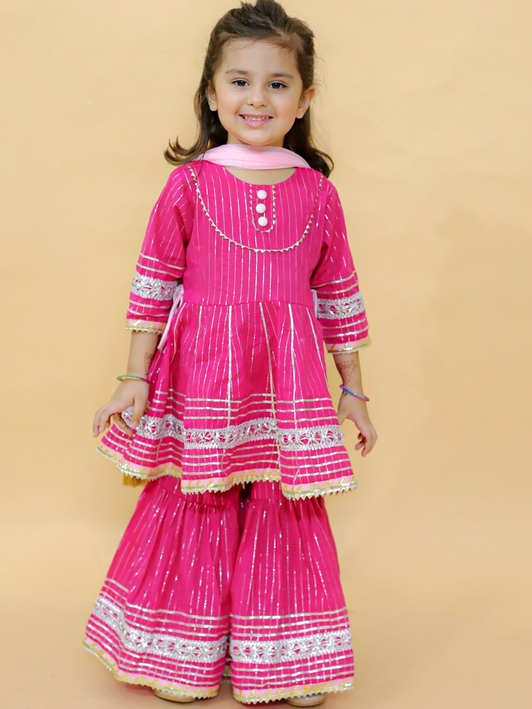 

BAESD Girls Ethnic Motifs Striped Gotta Patti Pure Cotton Kurta & Sharara With Dupatta, Pink