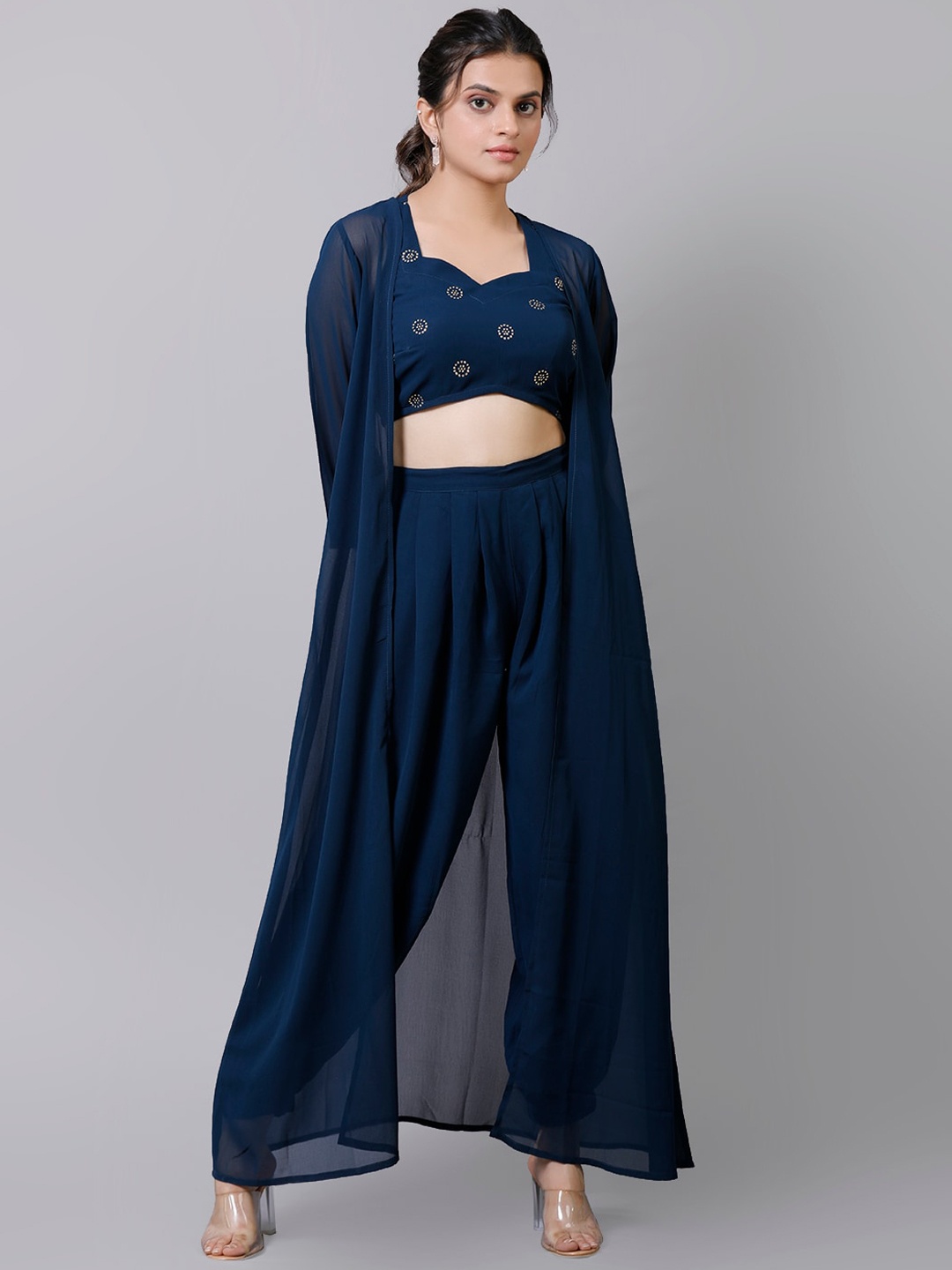 

KALINI Ethnic Motifs Printed Top & Pyjama with Shrug, Blue