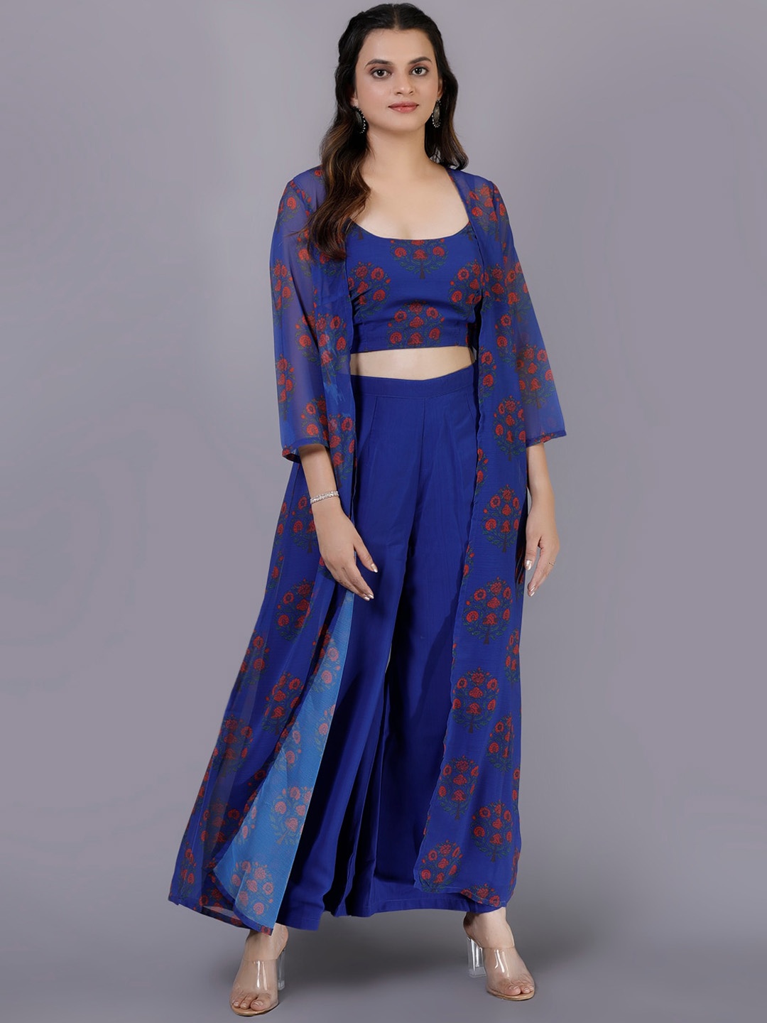 

KALINI Floral Printed Top & Trouser with Shrug, Blue