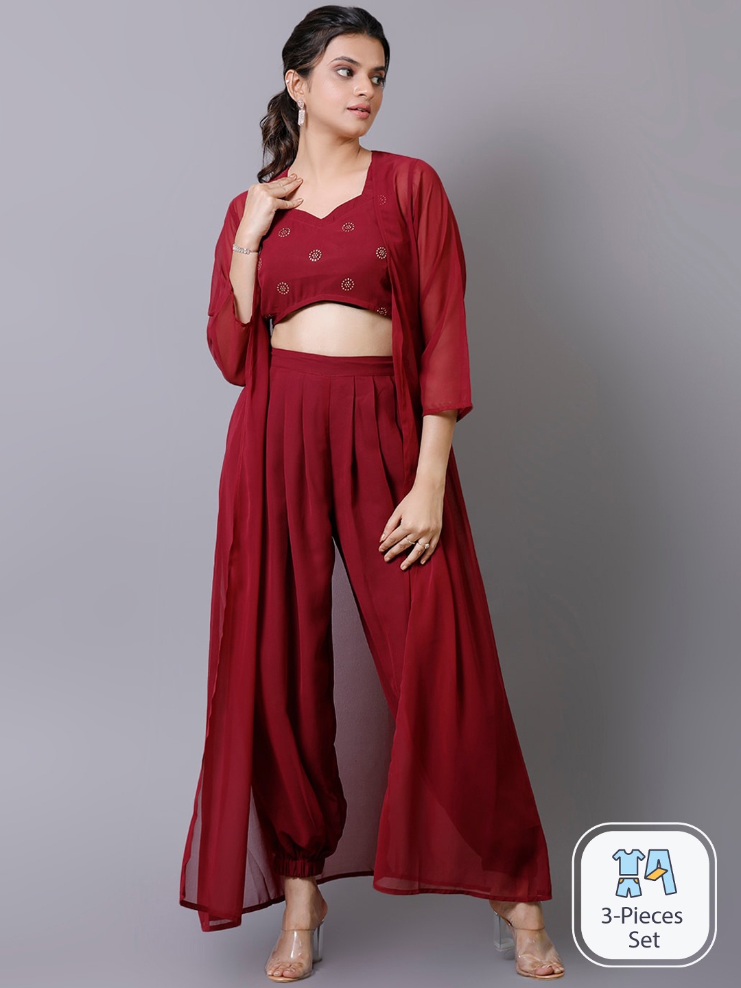 

KALINI Ethnic Motifs Printed Top & Pyjama with Shrug, Maroon
