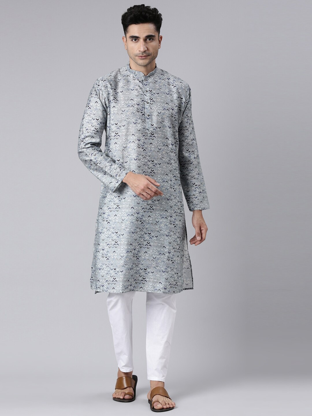 

Rishika Printed Pure Cotton Mandarin Collar Kurta With Churidar, Grey