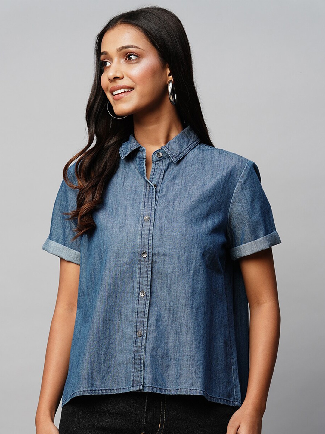 

Chemistry Cotton Crop Denim Shirt, Blue