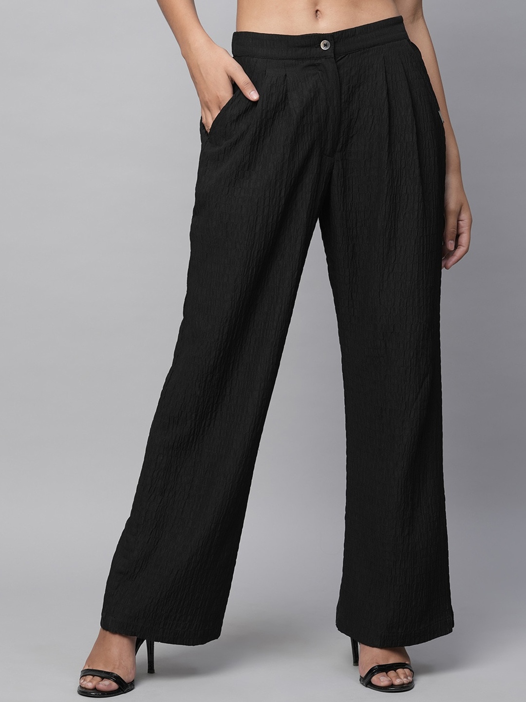 

Chemistry Women Regular Fit Mid-Rise Pleated Bootcut Trousers, Black