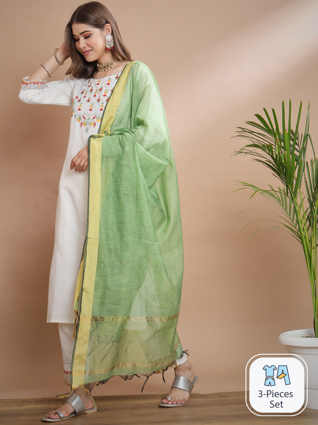 

KALINI Floral Yoke Design Thread Work Kurta with Trousers & Dupatta, White