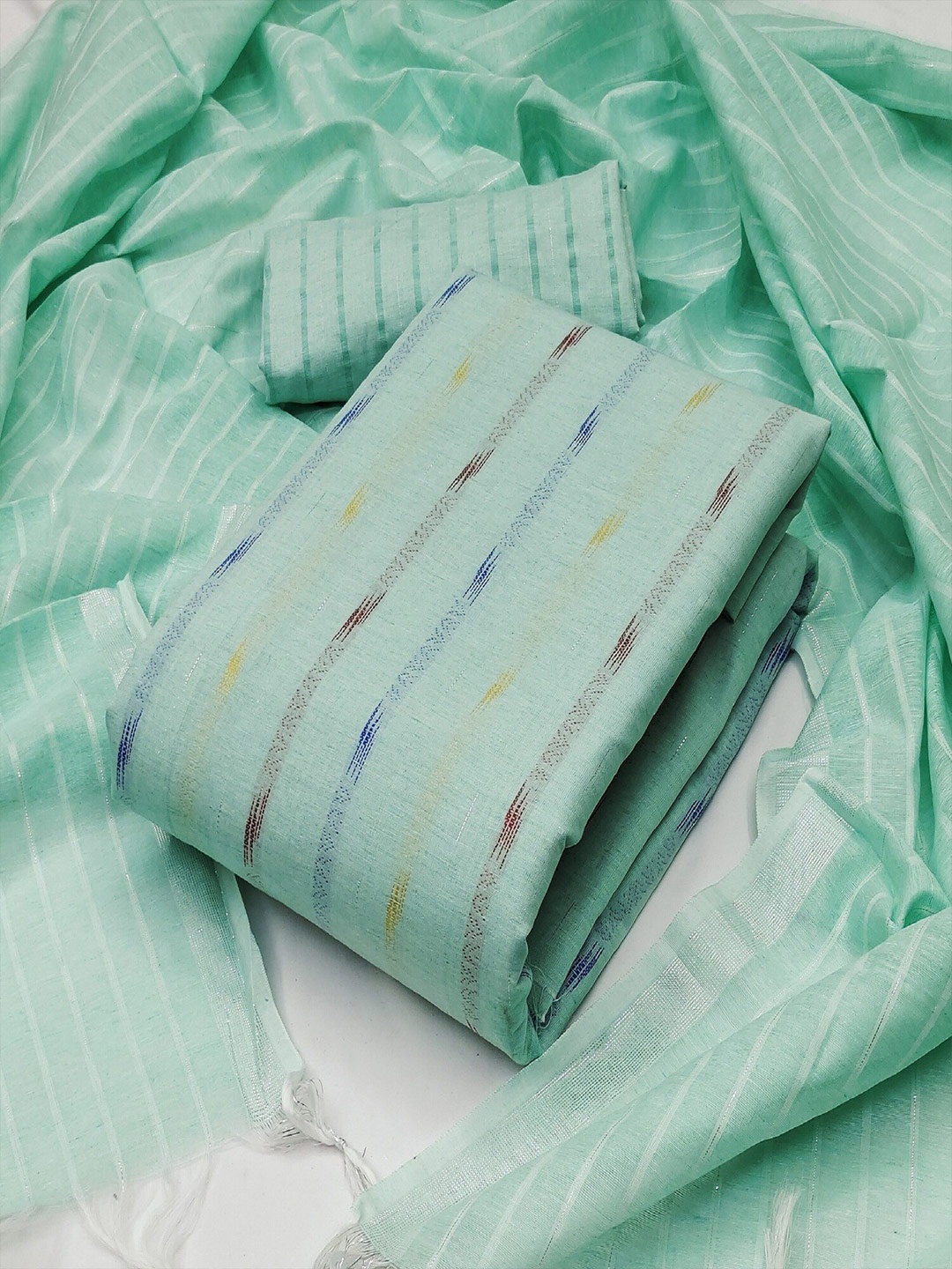 

APNISHA Striped Unstitched Dress Material, Lime green