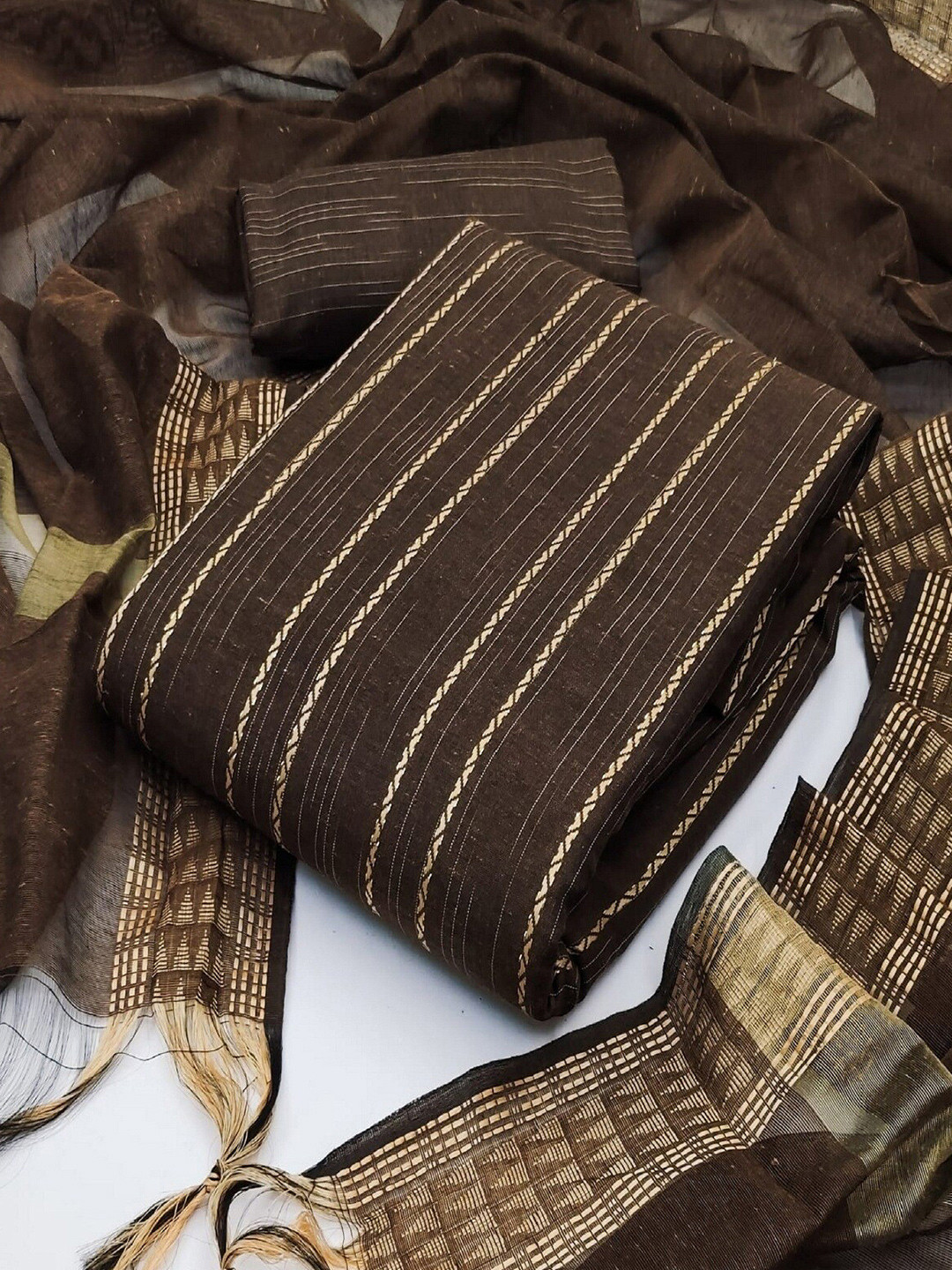 

APNISHA Striped Unstitched Dress Material, Brown