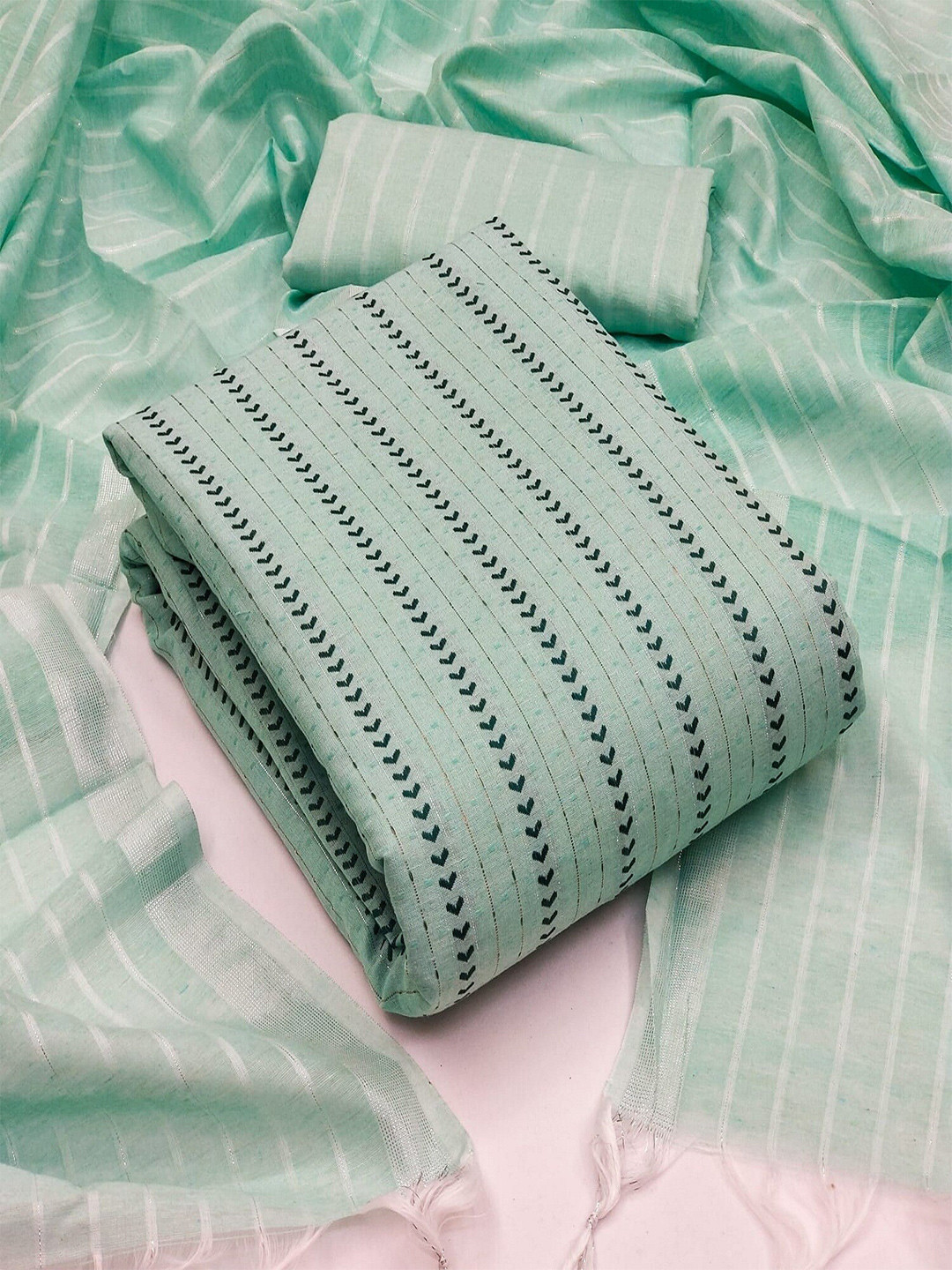 

APNISHA Striped Embroidered Unstitched Dress Material, Green