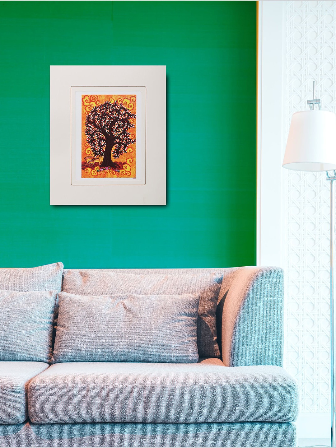 

VEA Orange & Brown Kerala Mural Art Printed Framed Wall Art, White