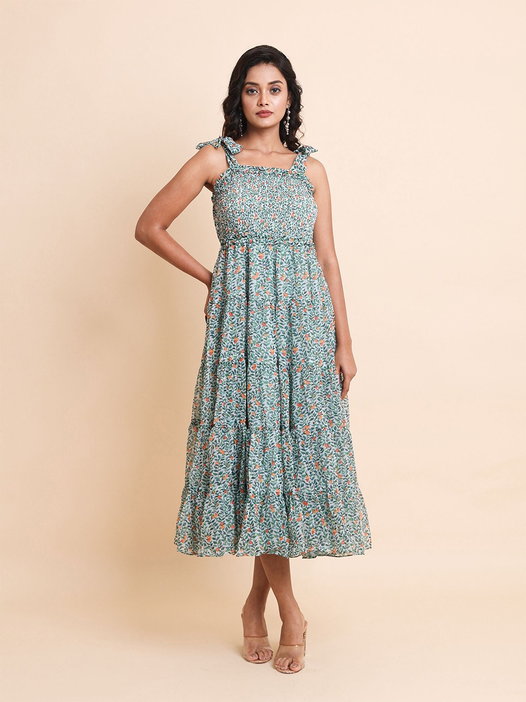 

Disli Floral Printed Shoulder Straps Georgette Fit and Flare Midi Dress, Green