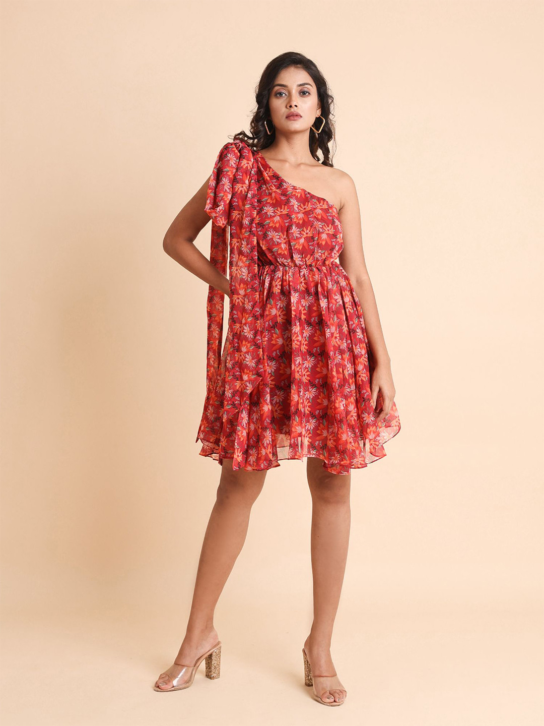 

Disli Floral Printed One Shoulder Pleated Georgette Fit & Flare Dress, Magenta