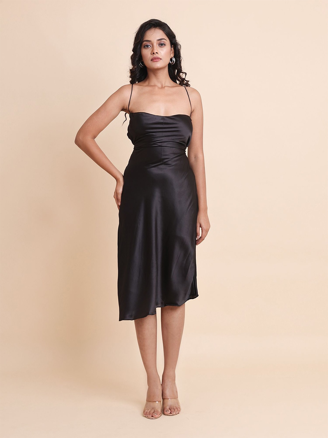 

Disli Shoulder Straps Satin A-Line Midi Dress, Black