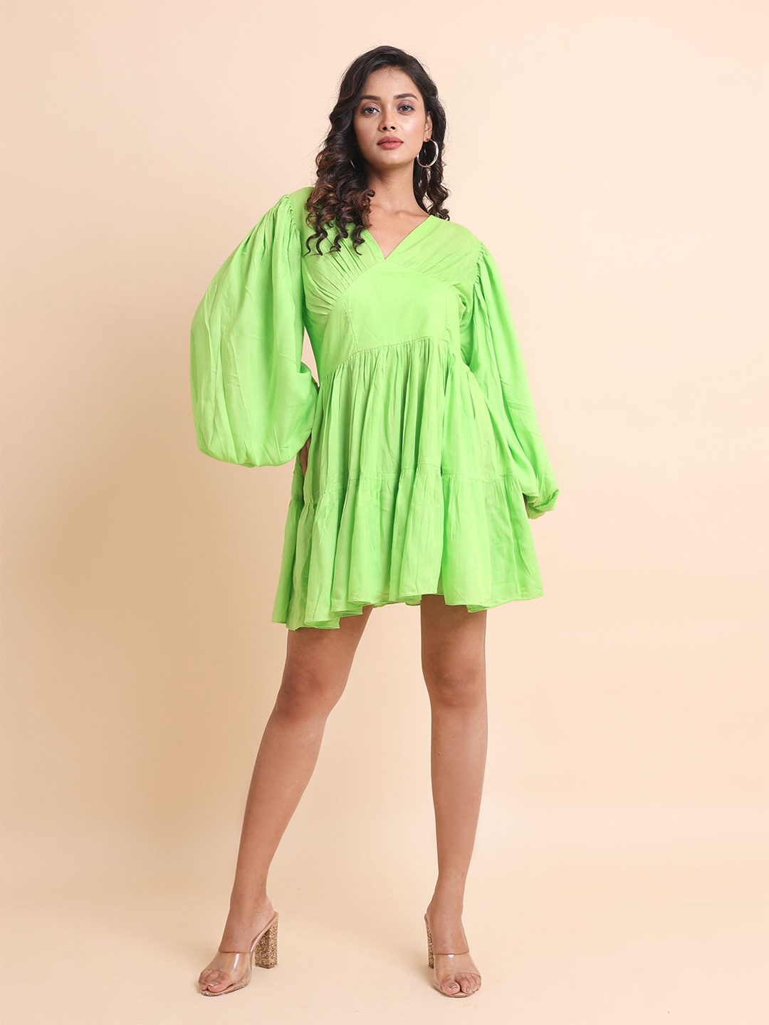 

Disli V-Neck Puff Sleeves Fit and Flare Dress, Green