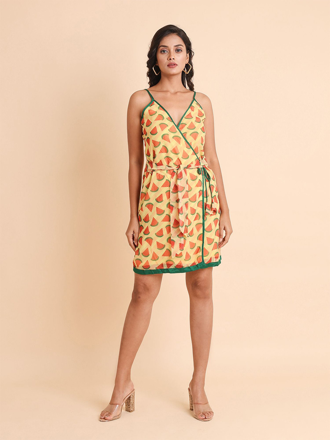 

Disli Conversational Printed Shoulder Straps Georgette Wrap Dress, Yellow