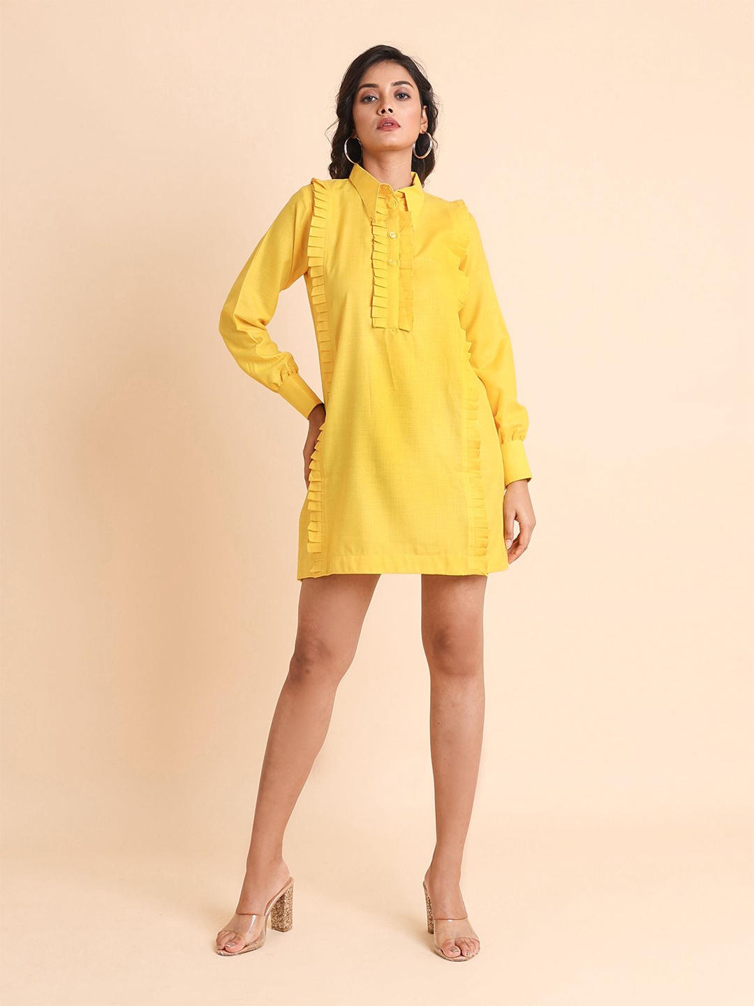 

Disli Mini Shirt Styled Cotton Dress, Yellow